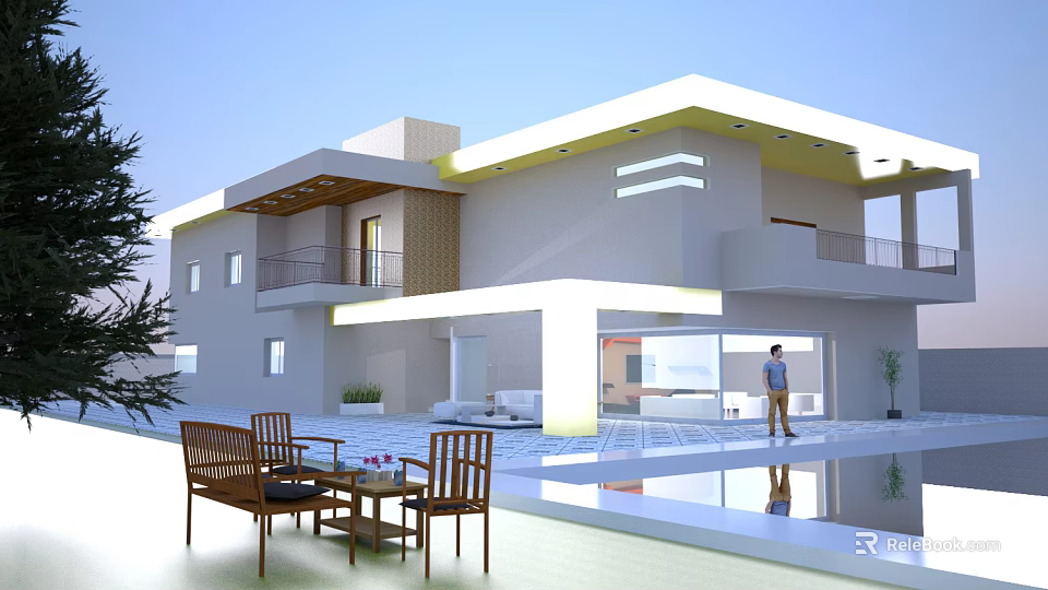Modern Detached Villa Exterior With Swimming Pool Outdoor Seating And Balcony 3d model 
