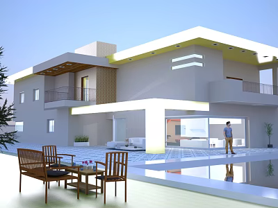 Modern Detached Villa Exterior With Swimming Pool Outdoor Seating And Balcony 3d model