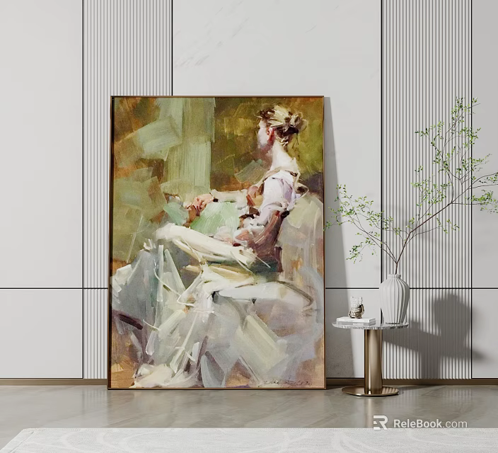 Seated Woman Oil Portrait Painting With Impressionistic Brushstrokes And Indoor Plant Decor 3d model 
