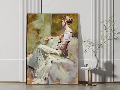 Seated Woman Oil Portrait Painting With Impressionistic Brushstrokes And Indoor Plant Decor 3d model