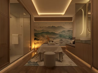 Modern SPA Sauna Room With Massage Table Mountain Wall Art And Soft Lighting 3d model