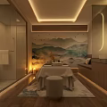 Modern SPA Sauna Room With Massage Table Mountain Wall Art And Soft Lighting