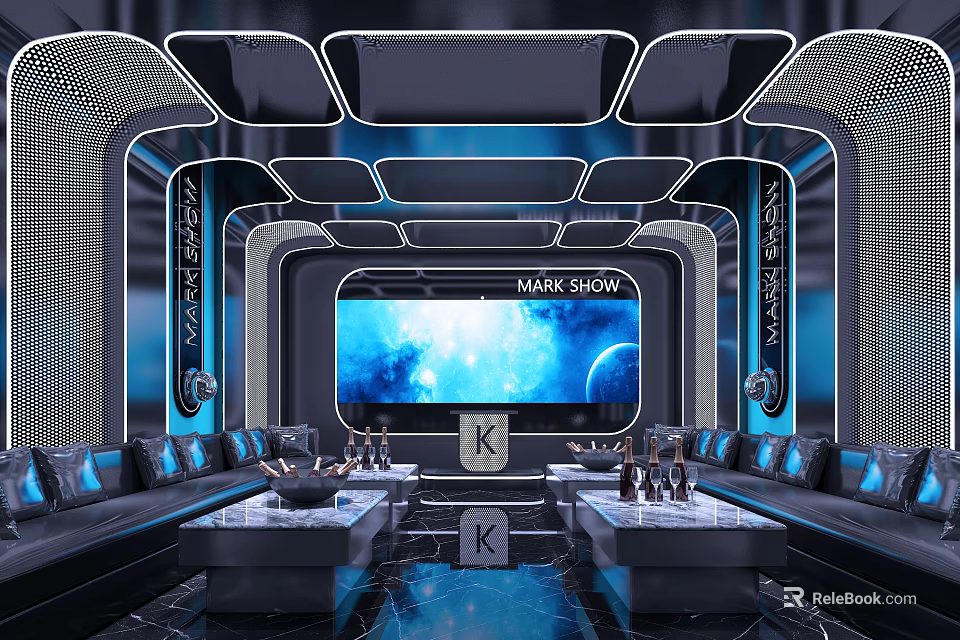 Luxury Modern KTV Interior Design With Large Screen Comfortable Sofas And Lighting 3d model