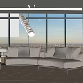 Comfortable Light Gray Sectional Sofa With Plush Cushions And Ocean View Through Large Windows 3d model