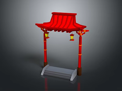 Red Chinese Entrance Gate Featuring Traditional Roof Hanging Lanterns Yellow Accented Pillars And Stone Steps 3d model