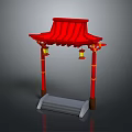 Red Chinese Entrance Gate Featuring Traditional Roof Hanging Lanterns Yellow Accented Pillars And Stone Steps