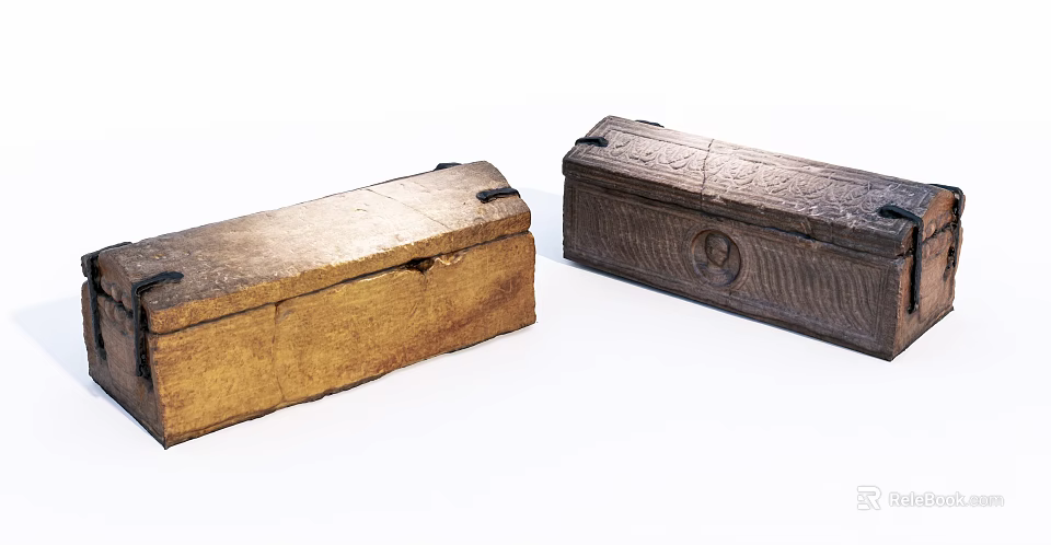 Vintage Wooden Chests With Carved Patterns And Light Dark Finishes 3d model 
