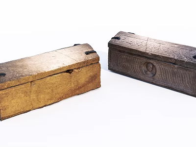 Vintage Wooden Chests With Carved Patterns And Light Dark Finishes 3d model