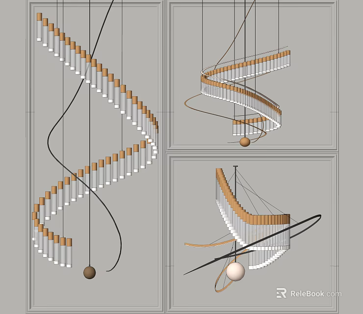 Modern Creative Unique shaped Pendant Lights with Spiral Curved Lines Wooden Beads And Metal Frames 3d model 