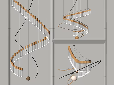 Modern Creative Unique shaped Pendant Lights with Spiral Curved Lines Wooden Beads And Metal Frames 3d model