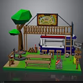 Cartoon Outdoor Food Stall Setup With Wooden Canopy Food Truck Bench Tree And Grill