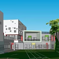 Modern Kindergarten Building With Wooden Sloped Roof Green Trees And Lawn At Entrance
