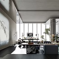 Modern Bright Office Walkway With Lush Green Plants Concrete Pillar And Panoramic City View Windows