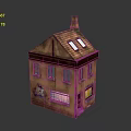 Brown House Architecture Model With Sloped Roof Chimney Skylights Windows And Decorative Patterns
