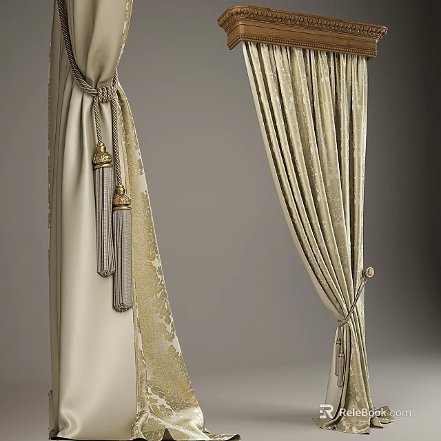 Elegant Luxurious Beige Curtains With Golden Patterns And Decorative Tassels 3d model 