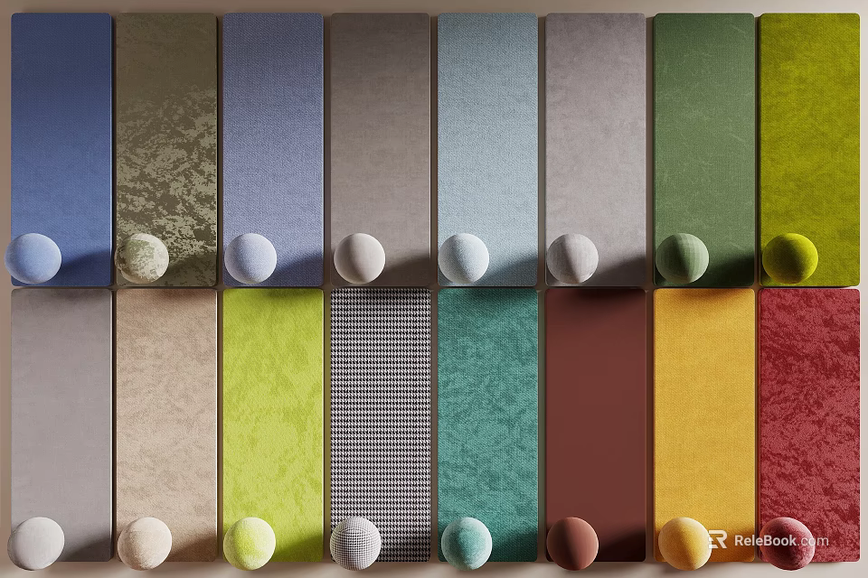 Colorful Fabric Samples With Matching Colored Balls In Various Textures And Tones 3d model 