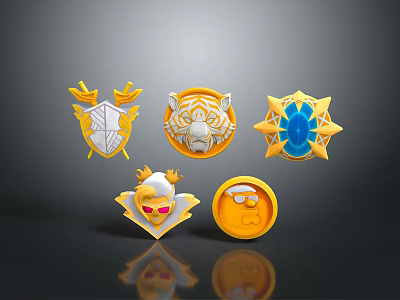 Weapon Themed Golden Badges With Crown Tiger Head And Blue Gem Elements 3d model