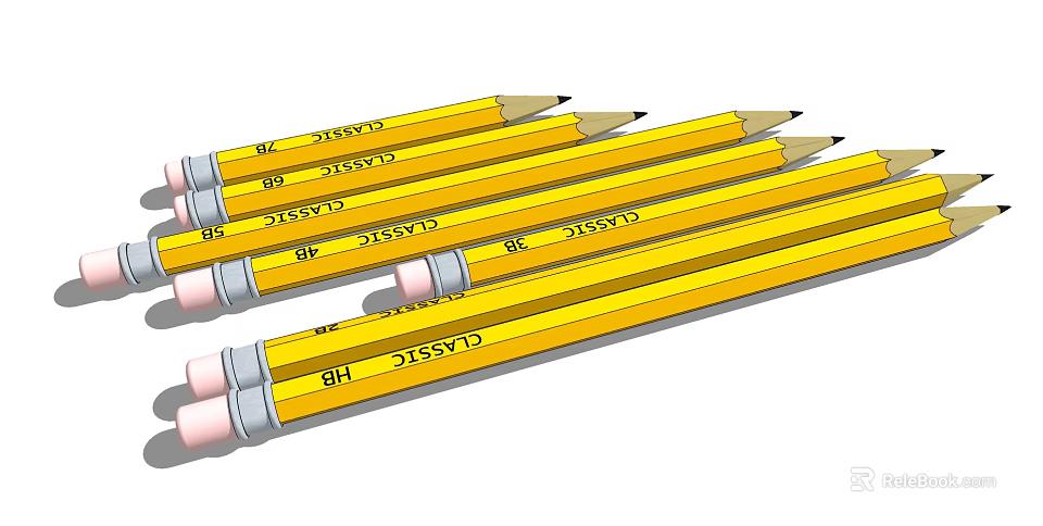 Classic Yellow Pencils with HB 2B 8B Grades and Pink Erasers for Writing and Drawing 3d model 