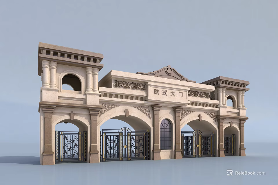 European Style Gate With Arched Design Columns And Decorative Ironwork Details 3d model 