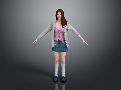 Long Haired Girl In Gray Cardigan Standing With Small White Rabbit 3d model