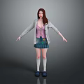 Long Haired Girl In Gray Cardigan Standing With Small White Rabbit 3d model