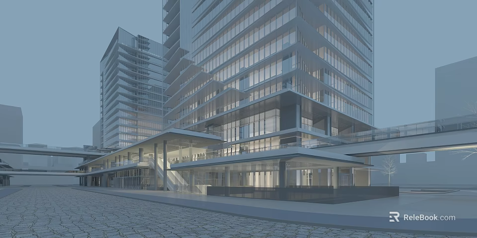 Modern Office Building With Glass Curtain Walls And Multi Storey Exterior Design 3d model 