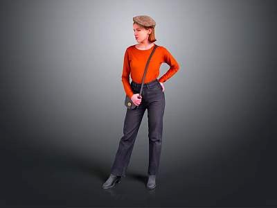 Stylish Woman In Orange Top Dark Pants Beret Hat With Crossbody Bag On Gray Background 3d model