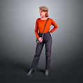 Stylish Woman In Orange Top Dark Pants Beret Hat With Crossbody Bag On Gray Background