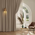 Beige Curtains With Arched Window Green Outdoor View Floor Lamp Pampas Grass And Accent Chair