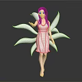 Game and Movie Character Fairy with Long Brown Hair White Dress Blue Petal Wings Barefoot