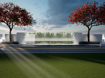 White Perforated Scenic Wall With Red Flower Trees And Green Grassland 3d model