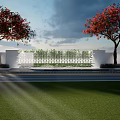 White Perforated Scenic Wall With Red Flower Trees And Green Grassland