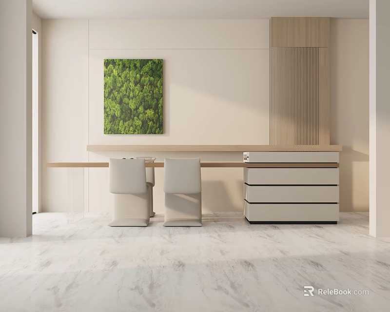Modern Minimalist Dining Table Set With Chairs Green Plant Painting Drawer Cabinet And Marble Floor 3d model 