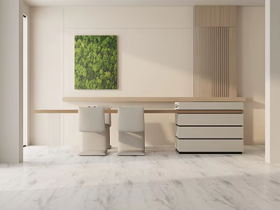 Modern Minimalist Dining Table Set With Chairs Green Plant Painting Drawer Cabinet And Marble Floor 3d model