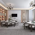 Modern Chinese Private Dining Room Interior With Round Tables Chandeliers TV And Green Plants