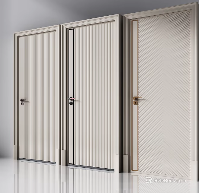 Minimalist Off White Hinged Doors With Solid Vertical Stripes Herringbone Patterns And Metal Handles 3d model