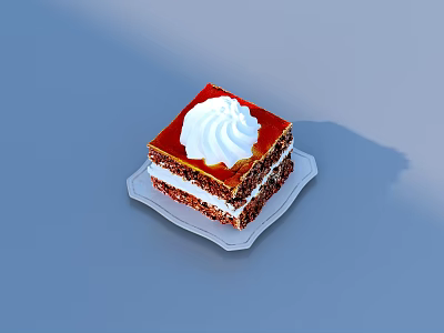 Delicious Square Chocolate Layered Cake With Red Top And Whipped Cream On Glass Plate 3d model