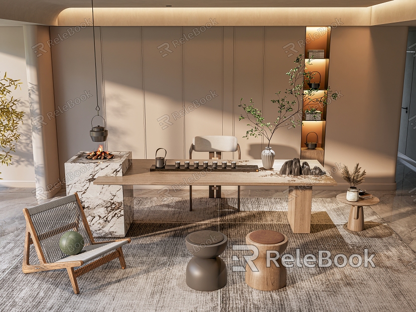 New Chinese Style Tea Room Tea Room Tea House Tea Table and Chair Green Plant Potted Tea Cabinet Single Leisure Chair Pier Special-shaped Ceiling model