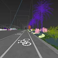 Landscaped Municipal Road With Green Trees Palm Trees Marked Bicycle Lane Bushes And Flowers