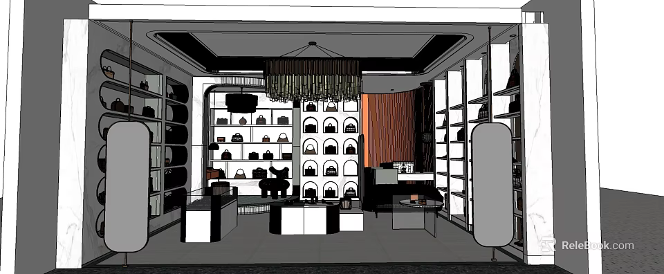 Boutique Interior Design With Display Shelves Handbags Chandelier And Seating Area 3d model 