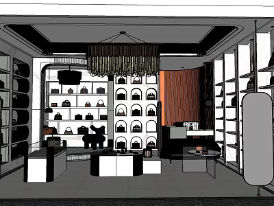 Boutique Interior Design With Display Shelves Handbags Chandelier And Seating Area 3d model