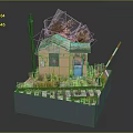 Small Yellow House Model Scene With Blue Door Snowy Roof And Orange Trees