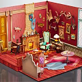 Colorful Cartoon Vintage Room Scene With Red Walls Wooden Floor Fireplace And Blue Armchair