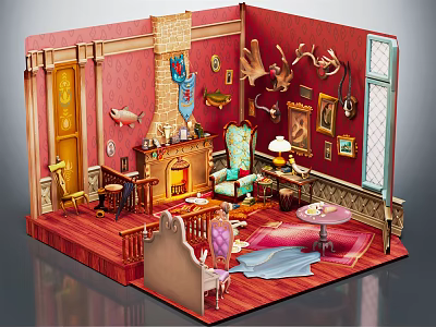 Colorful Cartoon Vintage Room Scene With Red Walls Wooden Floor Fireplace And Blue Armchair 3d model
