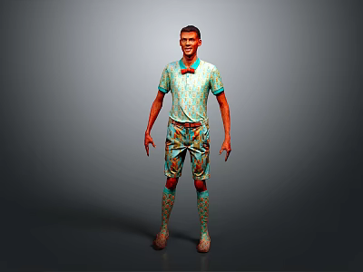 Man In Teal Patterned Shirt And Shorts With Casual Socks And Shoes 3d model