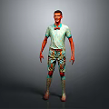 Man In Teal Patterned Shirt And Shorts With Casual Socks And Shoes