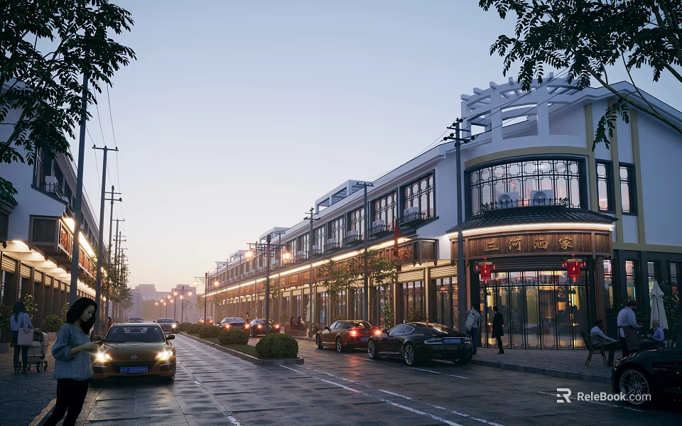 Evening View of Commercial Street With Traditional Style Buildings Illuminated Lights and Pedestrians 3d model 