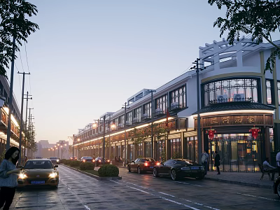Evening View of Commercial Street With Traditional Style Buildings Illuminated Lights and Pedestrians 3d model