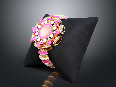 Elegant Pink Gemstone Bracelet With Golden Inlaid Design On Black Cushion 3d model