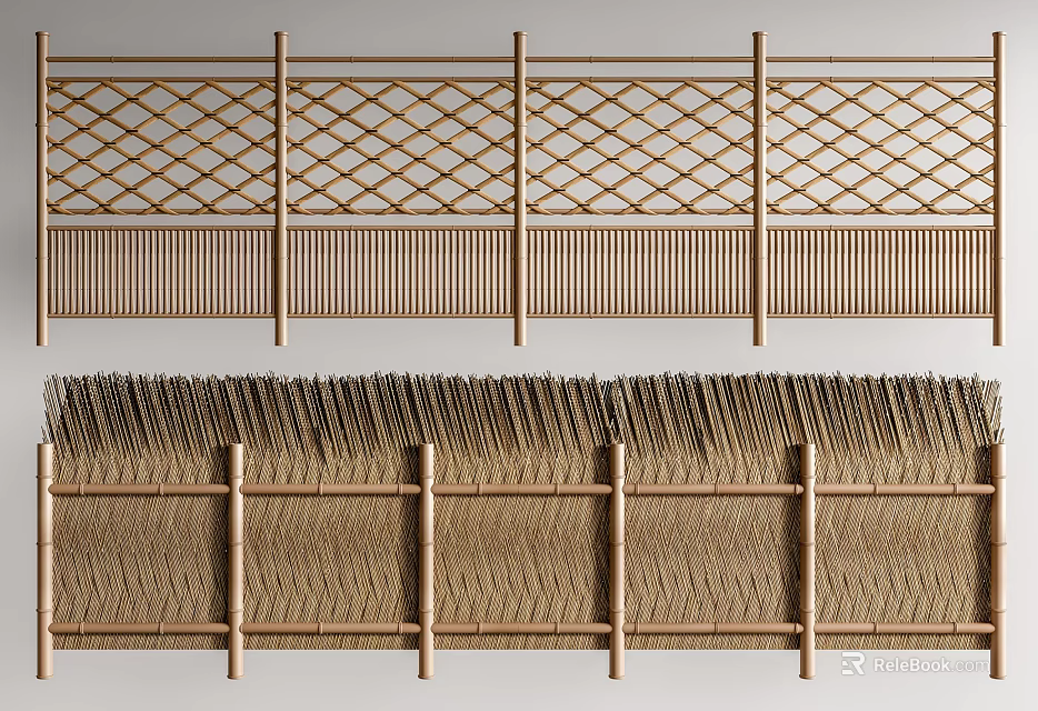 Traditional Style Wooden Garden Fences With Lattice And Thatch Elements 3d model 